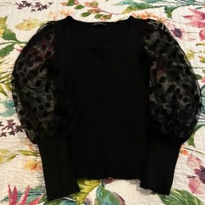 Vici Black Sweater with Sheer Polka Dot Sleeves